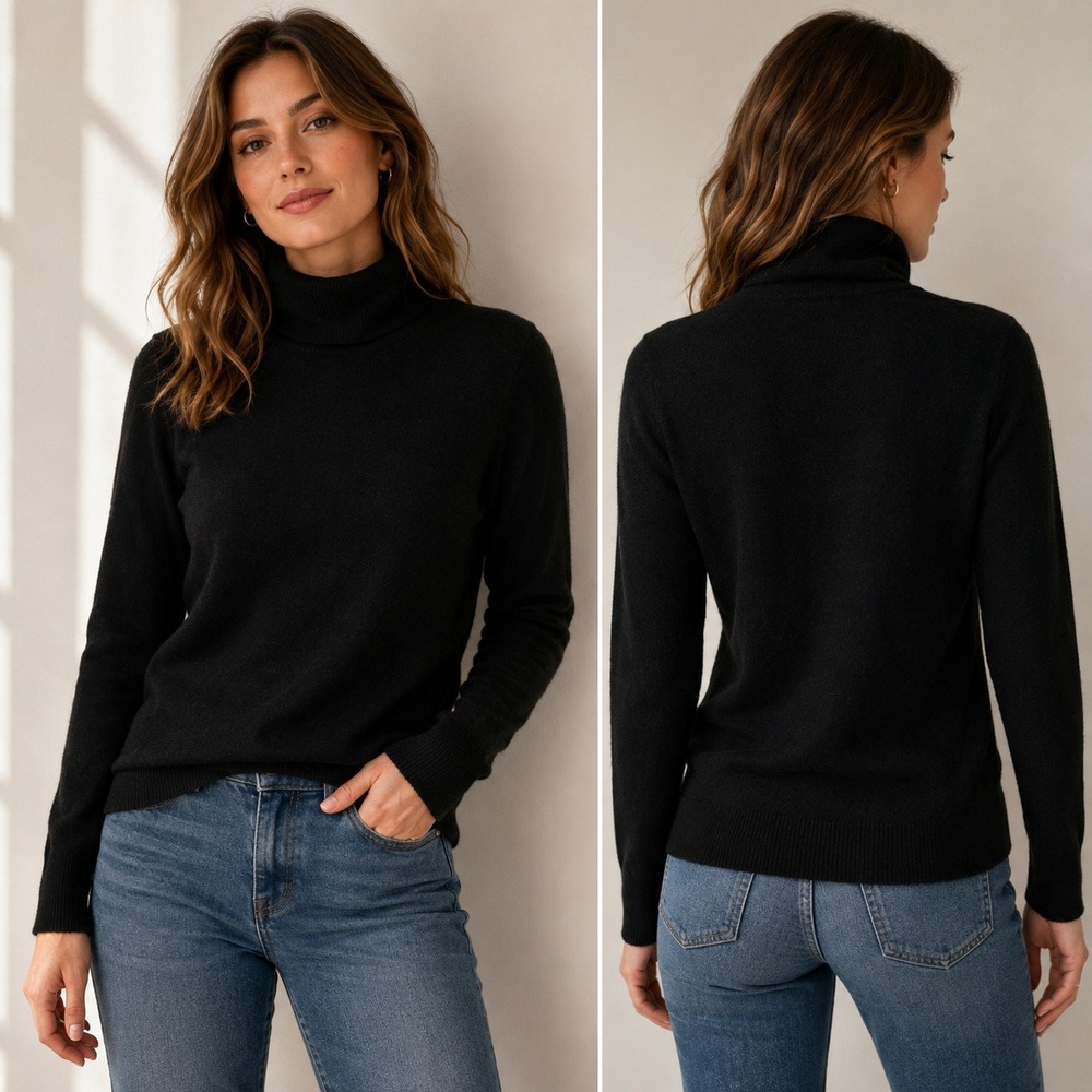 quiet luxury cashmere black sweater Med Turtleneck Women sophisticated elegant